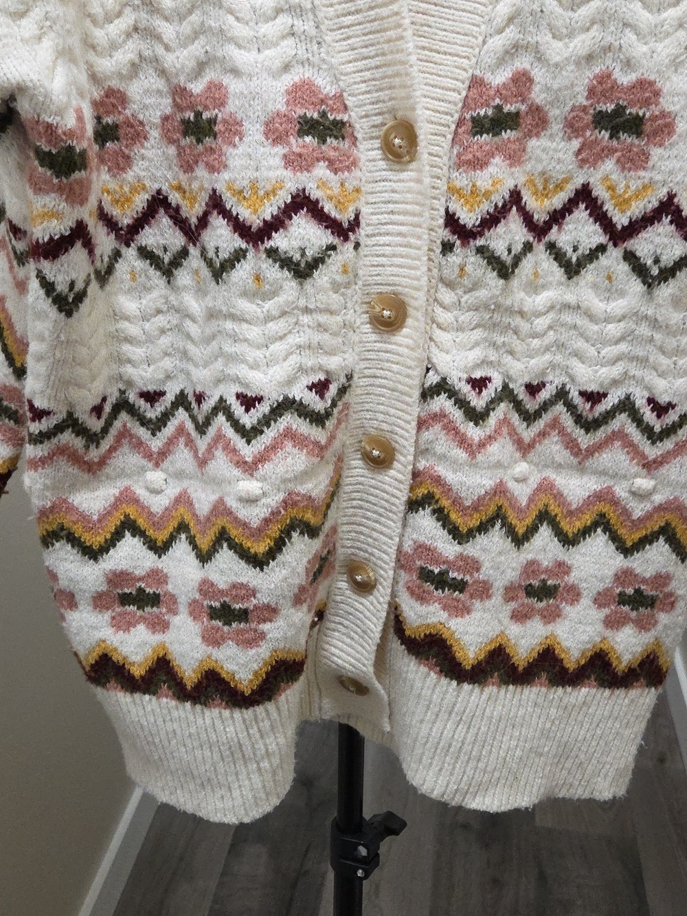 Dex Cream Patterned Chunky Knit Cardigan Boho Cottagecore Cozy Grandpa Style - Picture 9 of 11